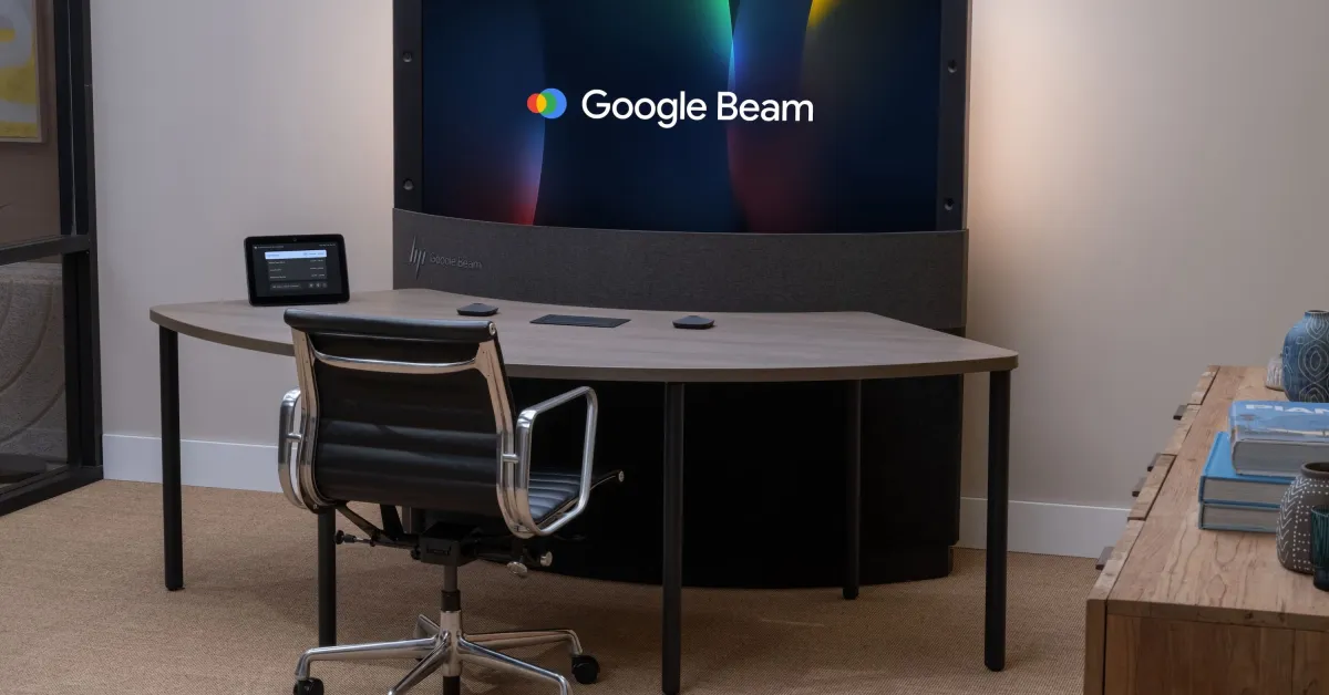 Booth rapat 3D Google Beam di ruang kerja bersama Industrious