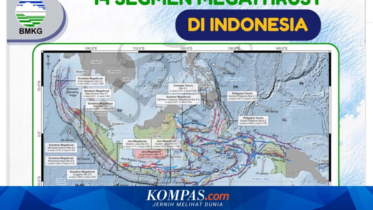 Ilustrasi peta zona megathrust di Indonesia dan potensi kekuatannya