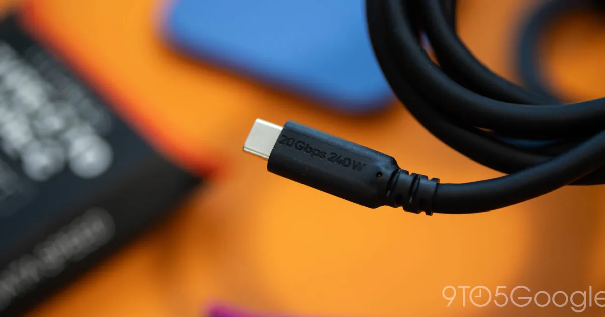 Kabel USB-C TrueSpec dari LTTStore dengan label spesifikasi tercetak di bodi