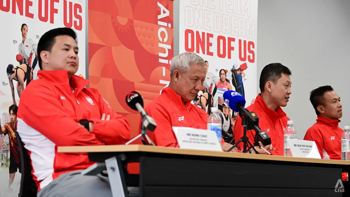 Kontingen atlet Singapura dalam konferensi pers penutupan Asian Games 2026 di Nagoya