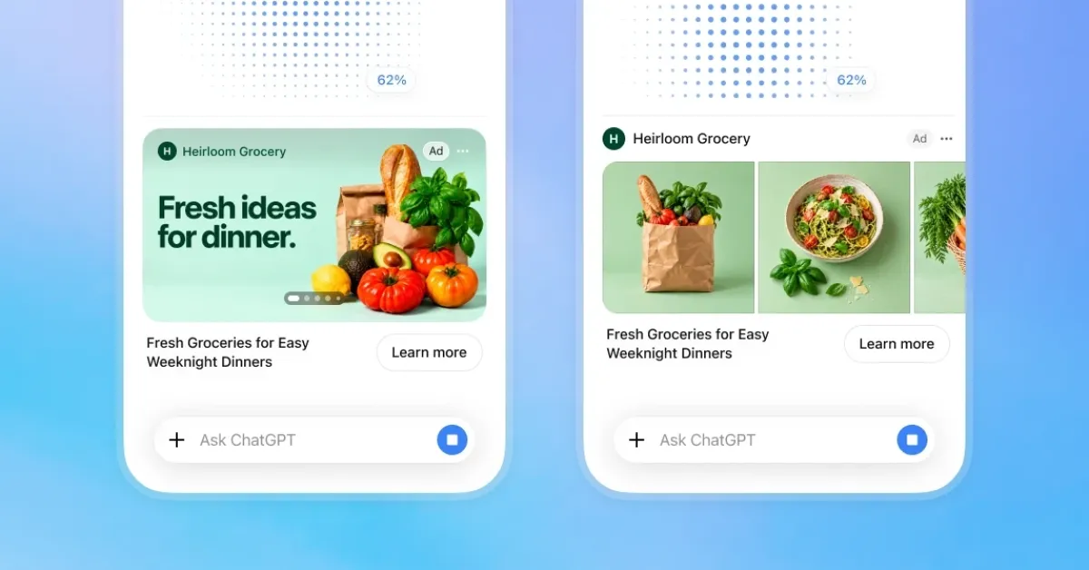 Tampilan antarmuka aplikasi ChatGPT yang menampilkan fitur iklan visual baru