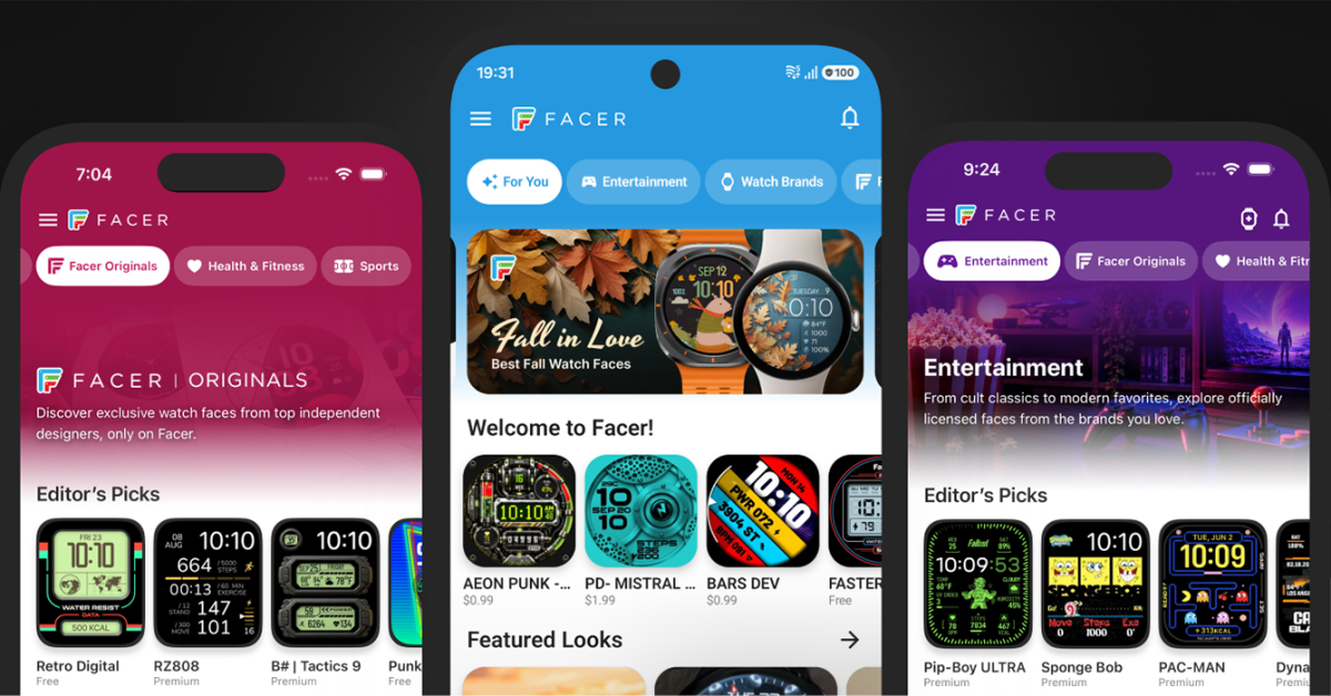 Tampilan antarmuka pembaruan aplikasi Facer untuk perangkat Wear OS