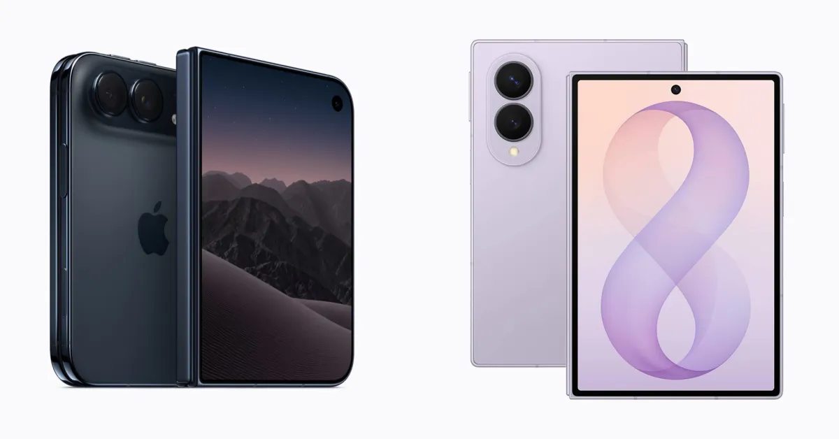 Tampilan fisik perangkat iPhone Duo yang dibandingkan dengan ponsel lipat Android