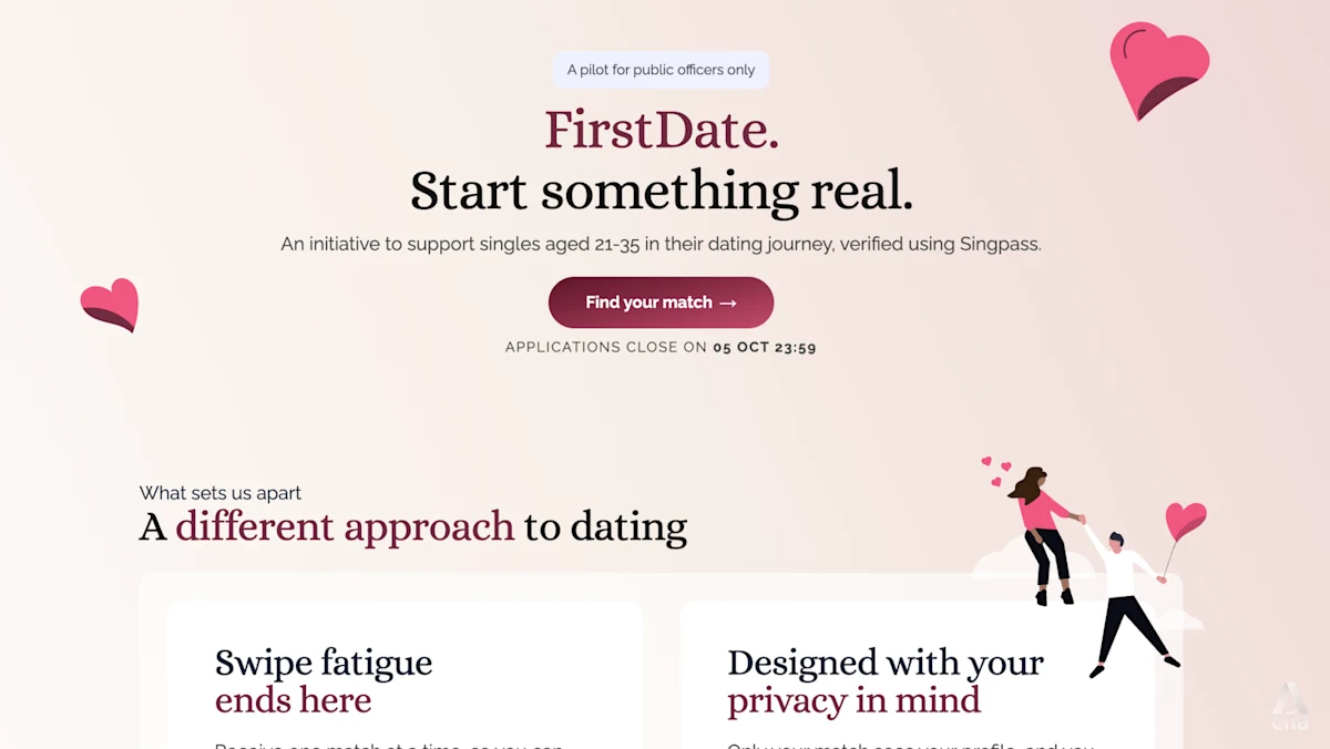 Tampilan halaman utama situs web platform kencan FirstDate di Singapura