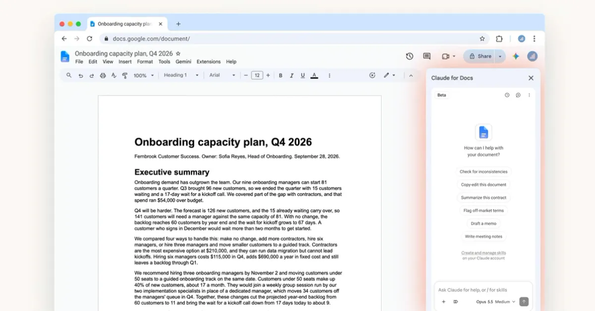 Tampilan sidebar Claude terintegrasi di Google Docs, Sheets, dan Slides